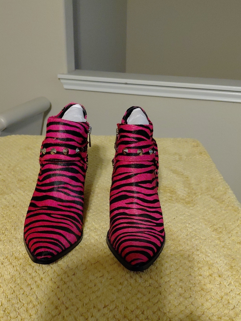Women's Pink Zebra Print Ankle Boots with Studded Strap